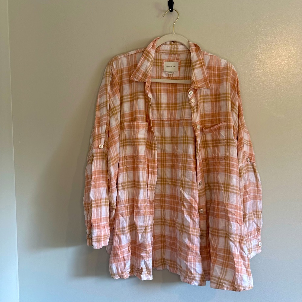 American Eagle Orange Plaid Oversized Flannel Size M